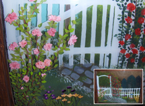 Reverse painted framed window scene